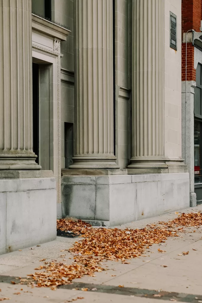 Neoclassical building columns with autumn leaves on sidewalk.